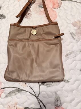 Michael Kors Taupe Crossbody with Brown Trim and Gold Logo